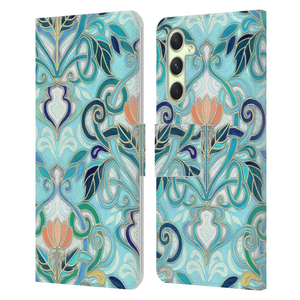 Head Case Designs Officially Licensed Micklyn Le Feuvre Ocean Aqua Art Nouveau with Peach Flowers Patterns 2 Leather Wallet Case Compatible with Samsung Galaxy A54 5G