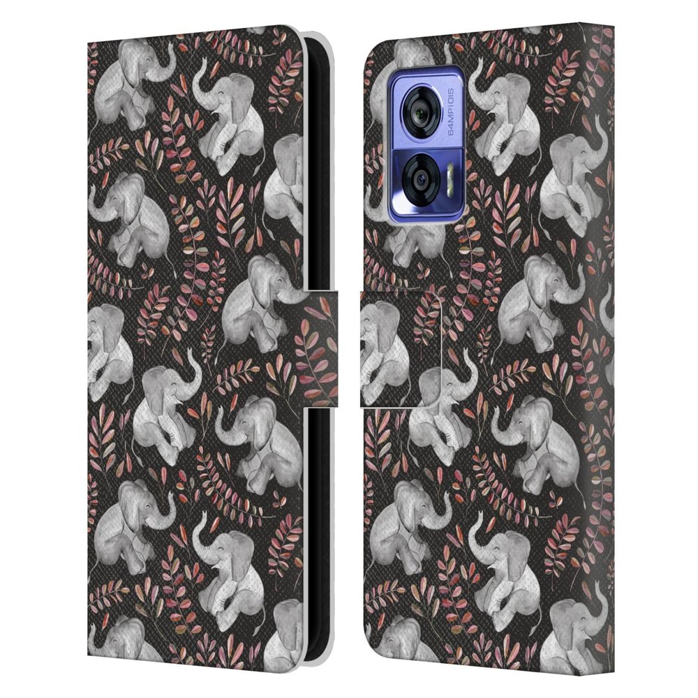 Head Case Designs Officially Licensed Micklyn Le Feuvre Little Laughing Elephants in Coral and Grey Wildlife Leather Book Wallet Case Cover Compatible with Motorola Edge 30 Neo 5G