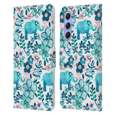 Head Case Designs Officially Licensed Micklyn Le Feuvre Dusty Pink White and Teal Elephant Patterns 2 Leather Wallet Case Compatible with Samsung Galaxy A34 5G