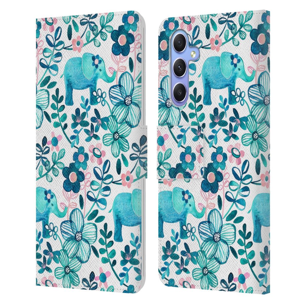 Head Case Designs Officially Licensed Micklyn Le Feuvre Dusty Pink White and Teal Elephant Patterns 2 Leather Wallet Case Compatible with Samsung Galaxy A34 5G