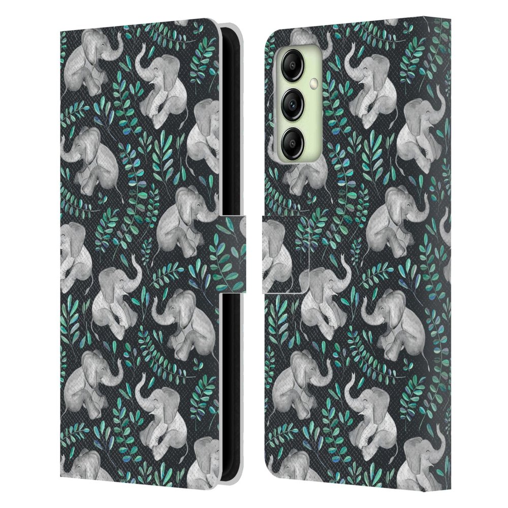 Head Case Designs Officially Licensed Micklyn Le Feuvre Little Laughing Elephants in Turquoise and Grey Wildlife Leather Wallet Case Compatible with Samsung Galaxy A14 5G
