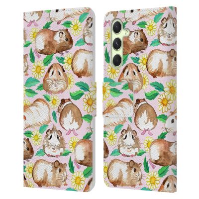 Head Case Designs Officially Licensed Micklyn Le Feuvre Guinea Pigs and Daisies in Watercolour On Pink Patterns 2 Leather Wallet Case Compatible with Samsung Galaxy A54 5G
