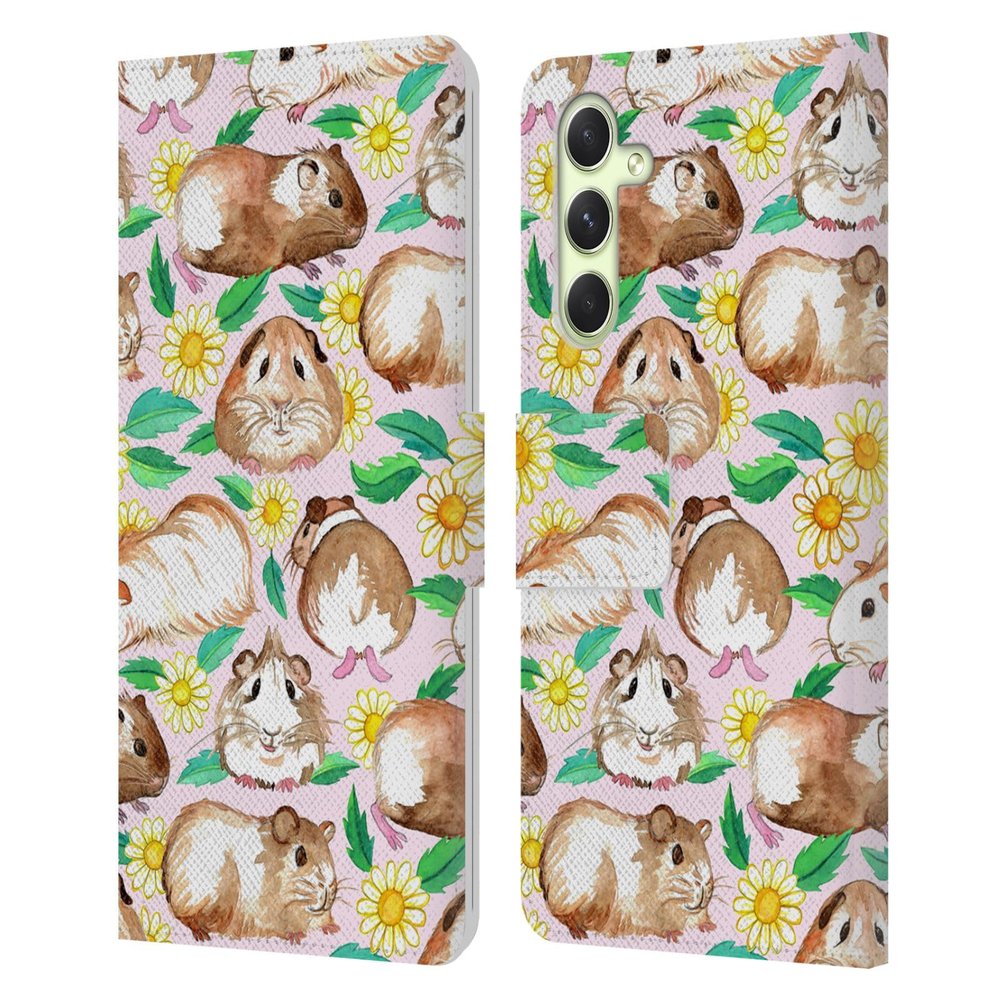 Head Case Designs Officially Licensed Micklyn Le Feuvre Guinea Pigs and Daisies in Watercolour On Pink Patterns 2 Leather Wallet Case Compatible with Samsung Galaxy A54 5G