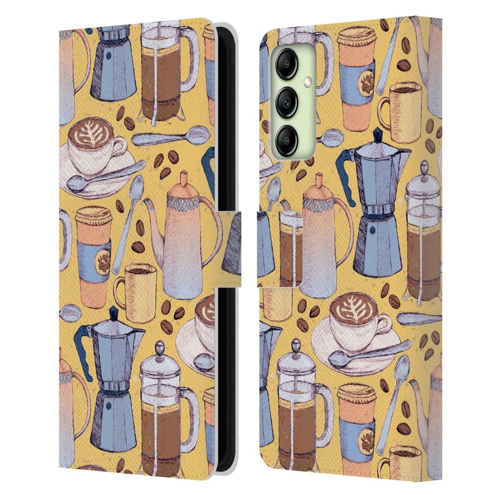 Head Case Designs Officially Licensed Micklyn Le Feuvre Coffee Love On Yellow Patterns 2 Leather Wallet Case Compatible with Samsung Galaxy A14 5G