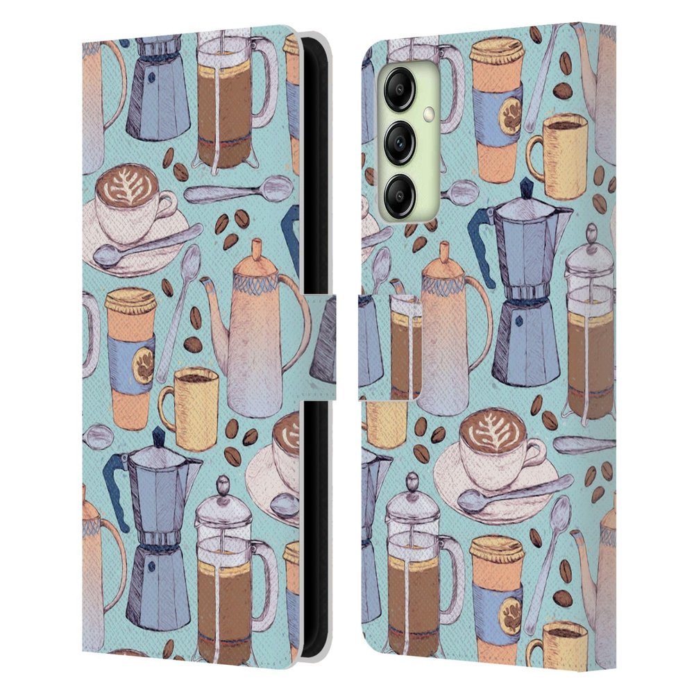 Head Case Designs Officially Licensed Micklyn Le Feuvre Coffee Love On Blue Patterns 2 Leather Wallet Case Compatible with Samsung Galaxy A14 5G