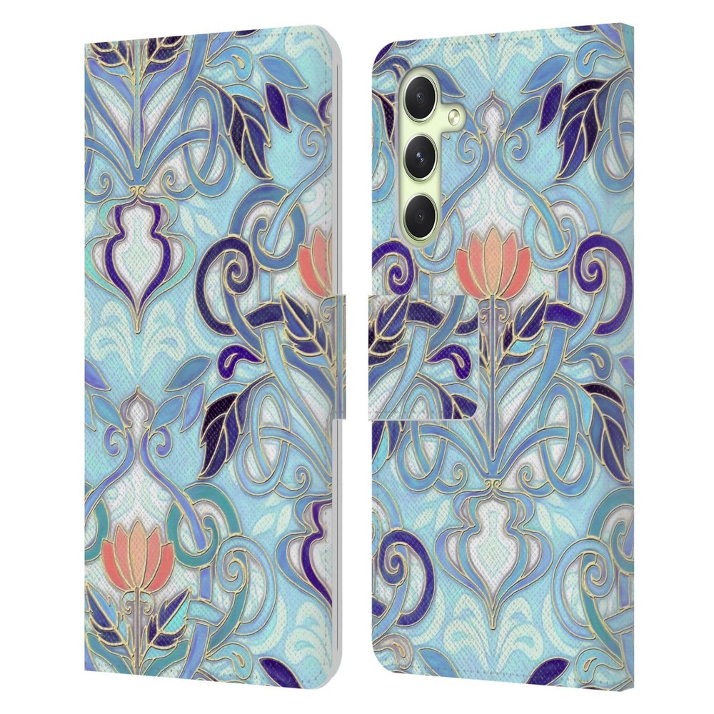 Head Case Designs Officially Licensed Micklyn Le Feuvre Indigo Blue Art Nouveau with Peach Flowers Patterns 2 Leather Wallet Case Compatible with Samsung Galaxy A54 5G