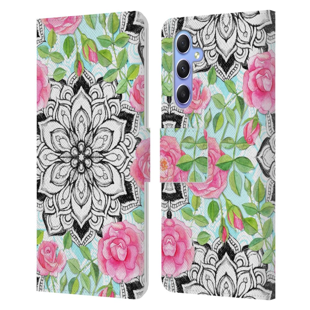 Head Case Designs Officially Licensed Micklyn Le Feuvre Roses and Mandalas Patterns 6 Leather Wallet Case Compatible with Samsung Galaxy A34 5G