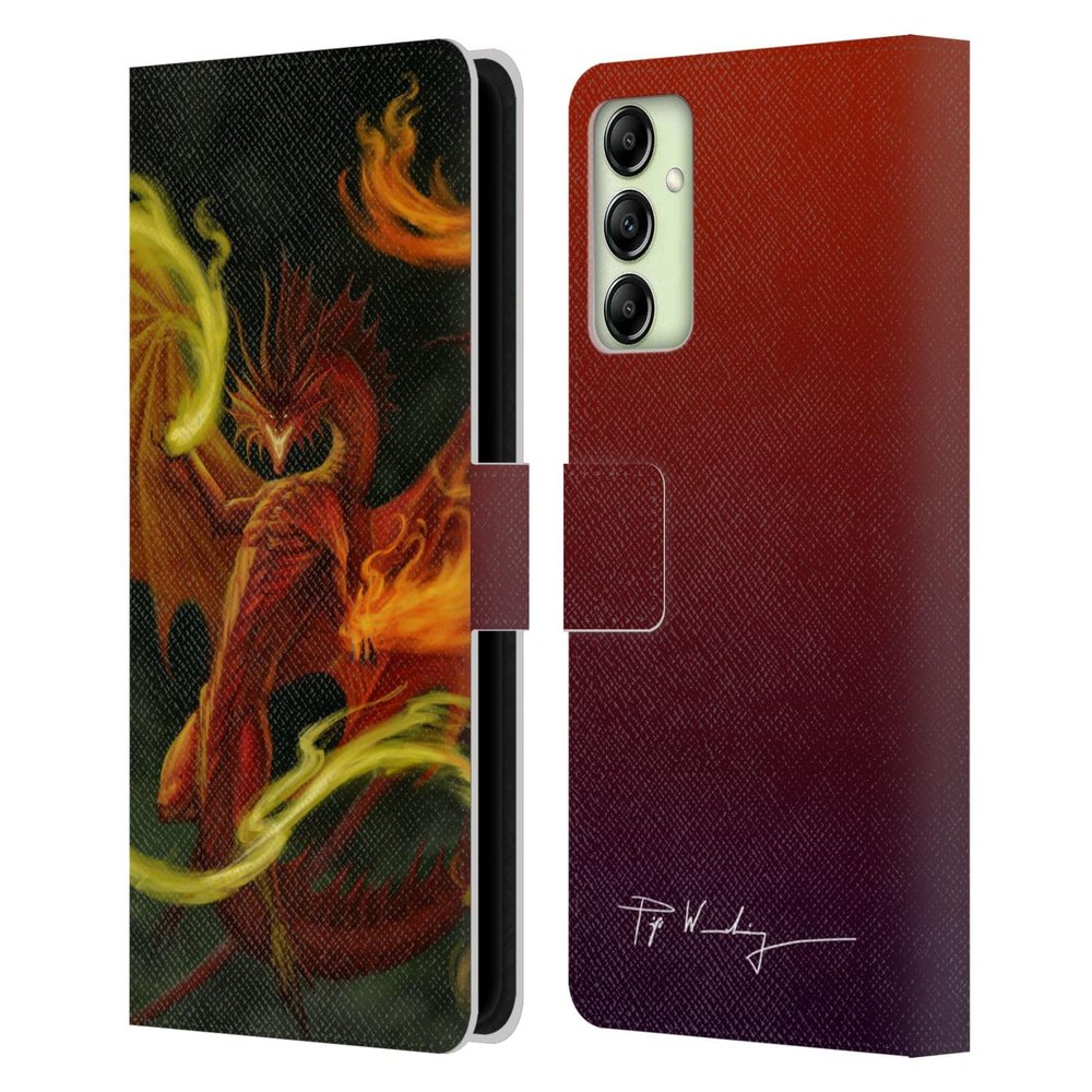 Head Case Designs Officially Licensed Piya Wannachaiwong Magical Dragons of Fire Leather Wallet Case Compatible with Samsung Galaxy A14 5G