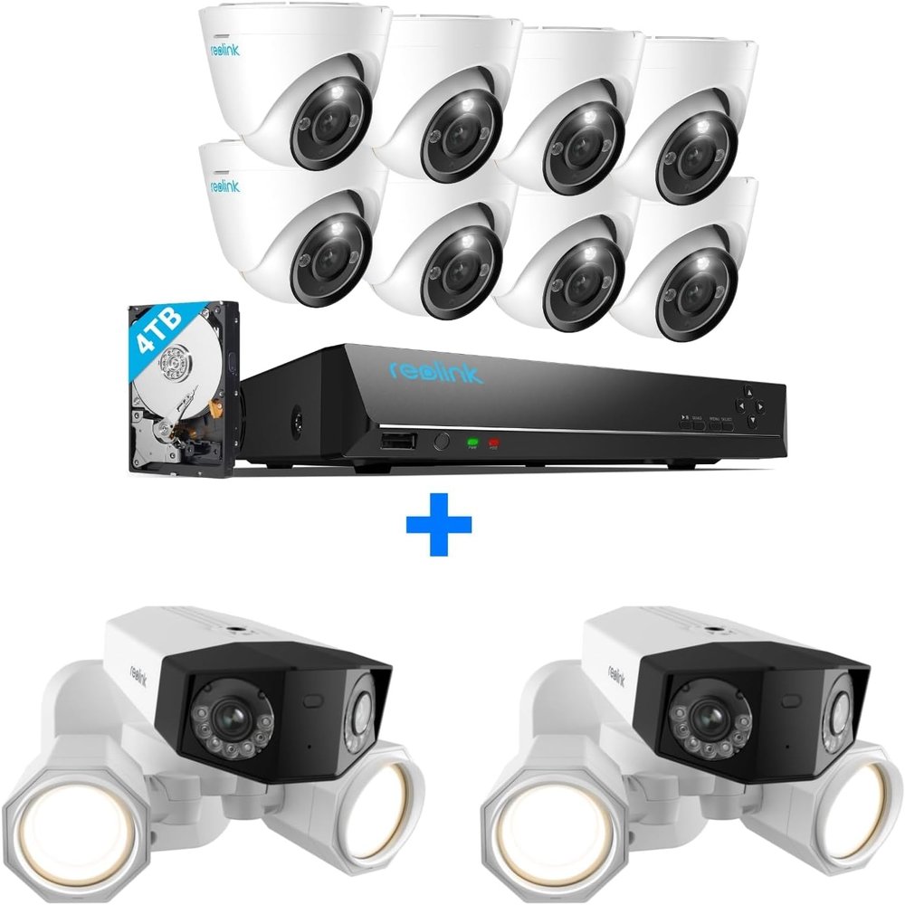 REOLINK 12MP Security Camera System, 8pcs Outdoor IP Security Camera Color Night, 2-Way Talk, 16CH NVR 4TB HDD, RLK16-1200D8-A Bundle with 2pcs Duo Floodlight PoE 4K Ultra-Wide Angle Camera