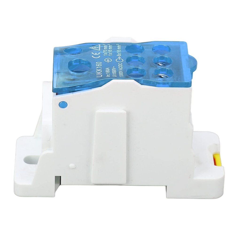 DIN Rail Terminal Block, Rail Mount Brass Connector PA66 Casing High Temperature 690V 160A Terminal Distribution Box for Power (Blue)