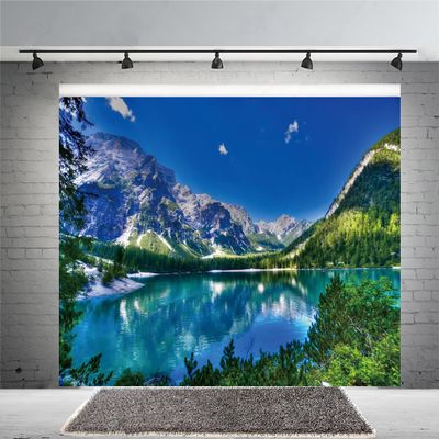 12x8ft Green Natural Mountain Lake Backdrop Green Mountains Clear Lake Trees Nature Scenery Blue Sky Travel Portraits Children Photography Backdrop Photo Props Pretty Nature Scenery Background