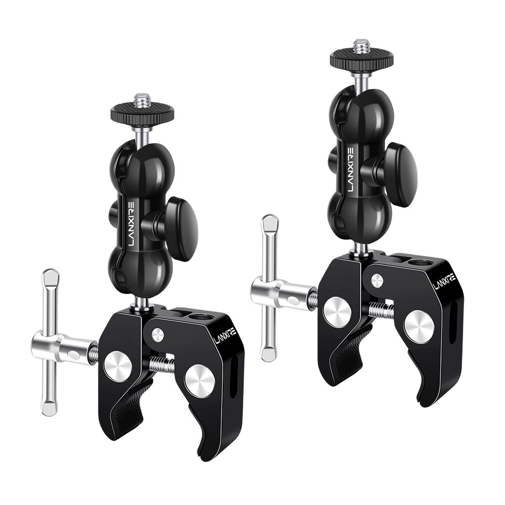 Lanxire Super Clamp Camera Mount with Double Ball Head Magic Arm and 1/4" Screw - 360 Rotation - Fits for Camera, GoPro, Insta360, Action Camera, Monitor, Microphone - 1/4" and 3/8" Threaded Holes