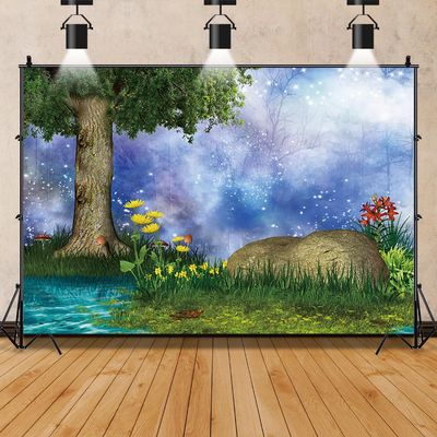 12x10ft Enchanted Tree Backdrop Cartoon Fairy Tale Forest Photography Background Summer Countryside Outdoor Picnic Backdrop Green Trees Colorful Flowers Blue River Water Stone Photo Decor Backdrop
