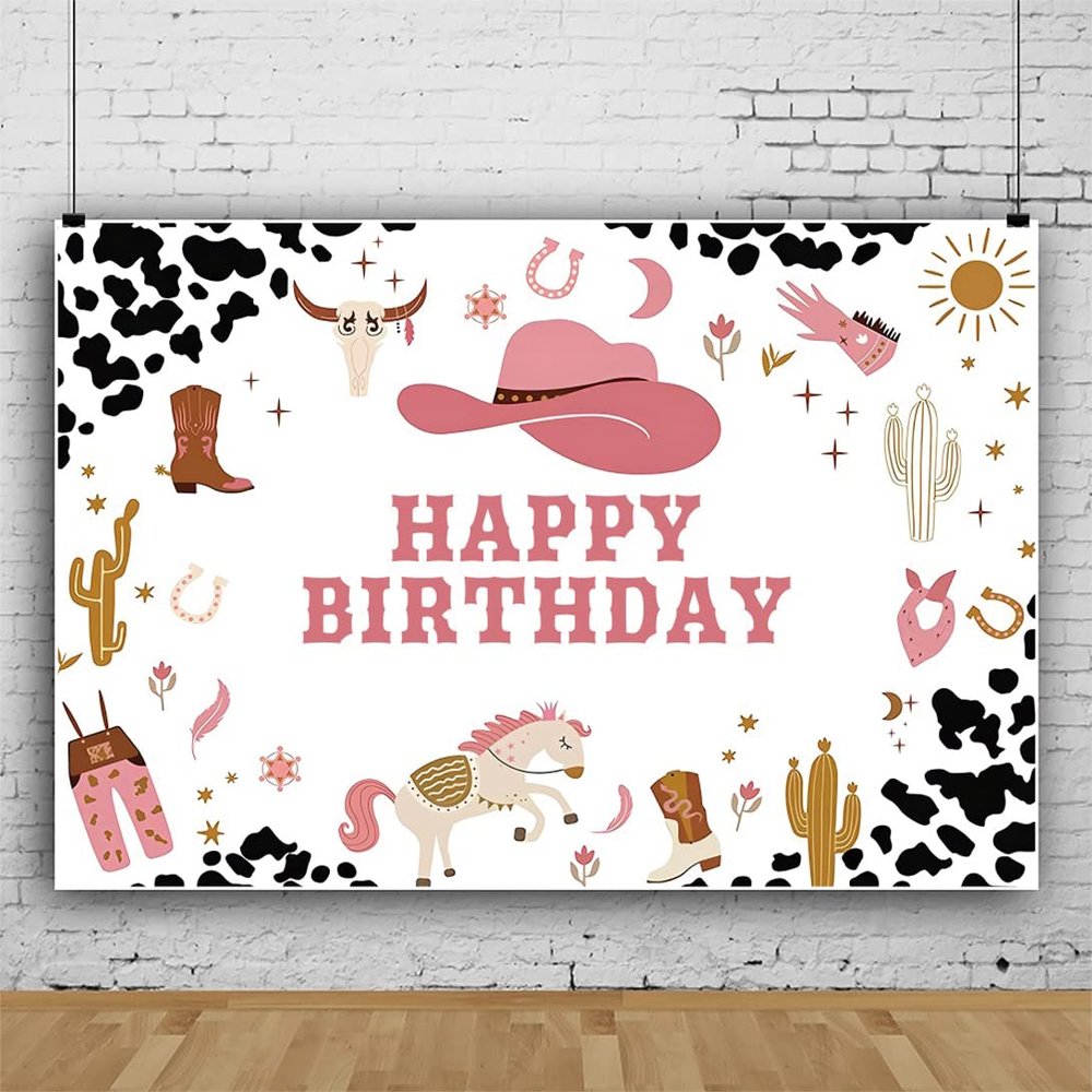 10x8ft Vinyl Western Cowgirl Happy Birthday Backdrop Wild West Theme Birthday Party Photography Background Girls Baby Shower Birthday Party Decorations Photo Booth Props