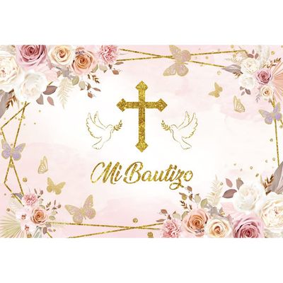 10x6.5ft Vinyl Pink Boho Baptism Backdrop Mi Bautizo Christening Baby Shower Photography Background God Bless Angel Dove of Peace Flower Butterfly Decor for First Holy Communion Backdrop