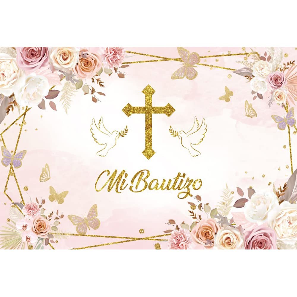 10x6.5ft Vinyl Pink Boho Baptism Backdrop Mi Bautizo Christening Baby Shower Photography Background God Bless Angel Dove of Peace Flower Butterfly Decor for First Holy Communion Backdrop