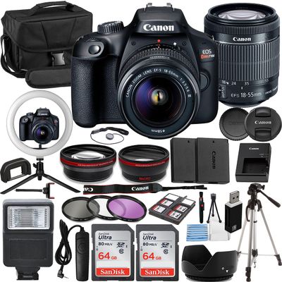 Canon Rebel T100 Vlogger Kit:EF-S 18-55mm is II Lens,64GB Memory Card,Ring Light,Spider Tripod,3 Piece Filter Kit,Gadget Bag,Remote Shutter,USB Card Reader & Cleaning Kit (Renewed)