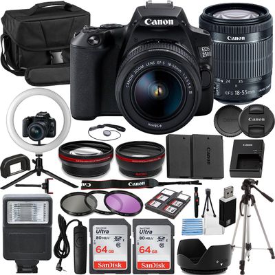 Canon EOS 250D/SL3 Vlogger Kit:EF-S 18-55mm is II Lens,64GB Memory Card,Ring Light,Spider Tripod,3 Piece Filter Kit,Gadget Bag,Remote Shutter,USB Card Reader & Cleaning Kit (Renewed)