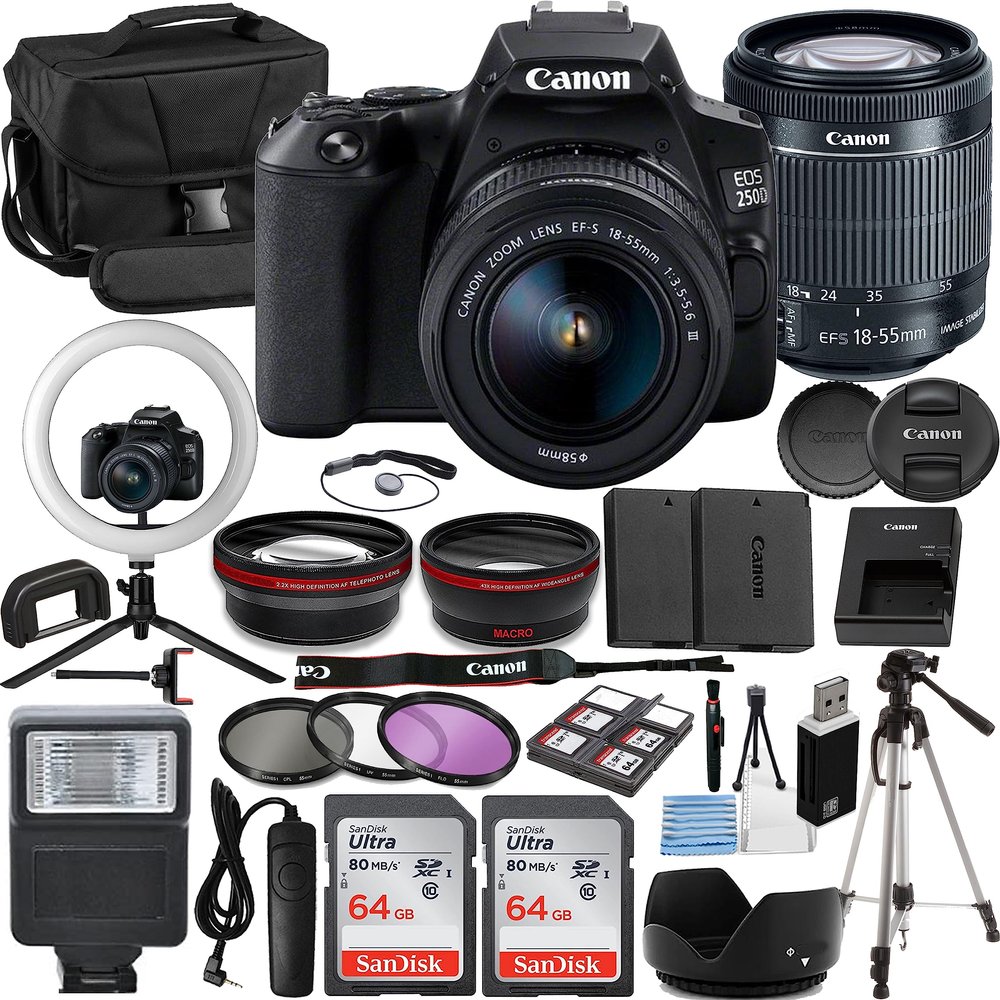 Canon EOS 250D/SL3 Vlogger Kit:EF-S 18-55mm is II Lens,64GB Memory Card,Ring Light,Spider Tripod,3 Piece Filter Kit,Gadget Bag,Remote Shutter,USB Card Reader & Cleaning Kit (Renewed)