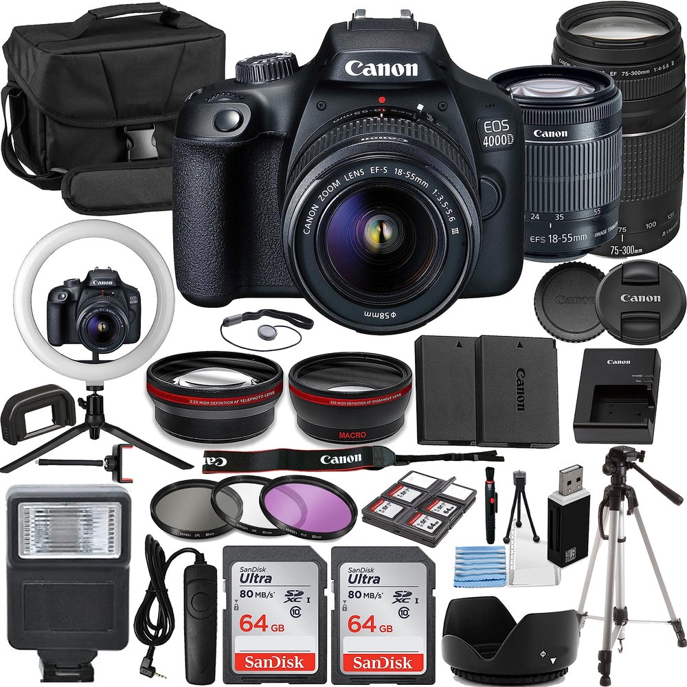 Canon EOS 4000D/T100 Vlogger Kit:EF-S 18-55mm & EF 75-300mm Lenses,64GB Memory Card,Ring Light,Spider Tripod,3 Piece Filter Kit,Gadget Bag,Remote Shutter,USB Card Reader & Cleaning Kit (Renewed)