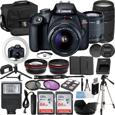 Canon Rebel T100 Vlogger Kit:EF-S 18-55mm & EF 75-300mm Lenses, 64GB Memory Card,Ring Light,Spider Tripod,3 Piece Filter Kit,Gadget Bag,Remote Shutter,USB Card Reader & Cleaning Kit (Renewed)