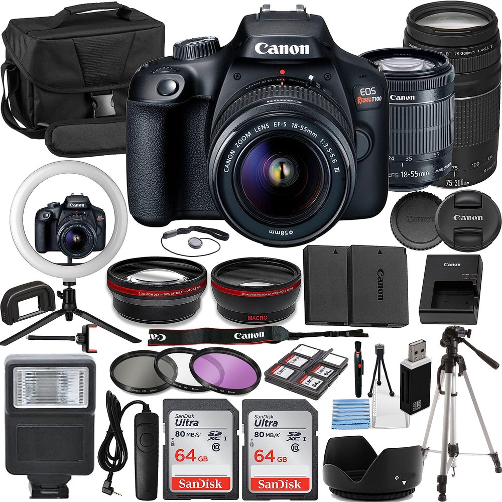 Canon Rebel T100 Vlogger Kit:EF-S 18-55mm & EF 75-300mm Lenses, 64GB Memory Card,Ring Light,Spider Tripod,3 Piece Filter Kit,Gadget Bag,Remote Shutter,USB Card Reader & Cleaning Kit (Renewed)
