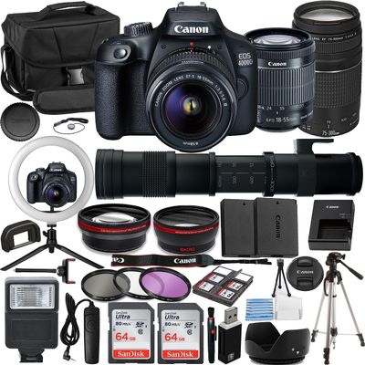 Canon EOS 4000D/T100 Vlogger Kit:EF-S 18-55mm,EF 75-300mm & 420-800mm Lenses,64GB Memory Card,Ring Light,Spider Tripod,Filter Kit, Bag,Remote Shutter,Card Reader & Cleaning Kit (Renewed)