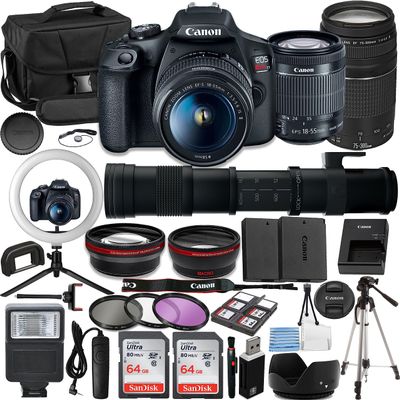Canon Rebel T7 Vlogger Kit:EF-S 18-55mm,EF 75-300mm & 420-800mm Lenses,64GB Memory Card,Ring Light,Spider Tripod,3 Piece Filter Kit,Gadget Bag,Remote Shutter,USB Card Reader & Cleaning Kit (Renewed)