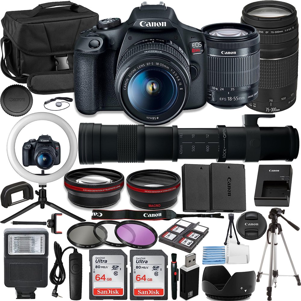 Canon Rebel T7 Vlogger Kit:EF-S 18-55mm,EF 75-300mm & 420-800mm Lenses,64GB Memory Card,Ring Light,Spider Tripod,3 Piece Filter Kit,Gadget Bag,Remote Shutter,USB Card Reader & Cleaning Kit (Renewed)