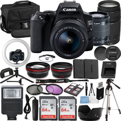 Canon EOS 250D/SL3 Vlogger Kit:EF-S 18-55mm & EF 75-300mm Lenses,64GB Memory Card,Ring Light,Spider Tripod,3 Piece Filter Kit,Gadget Bag,Remote Shutter,USB Card Reader & Cleaning Kit (Renewed)