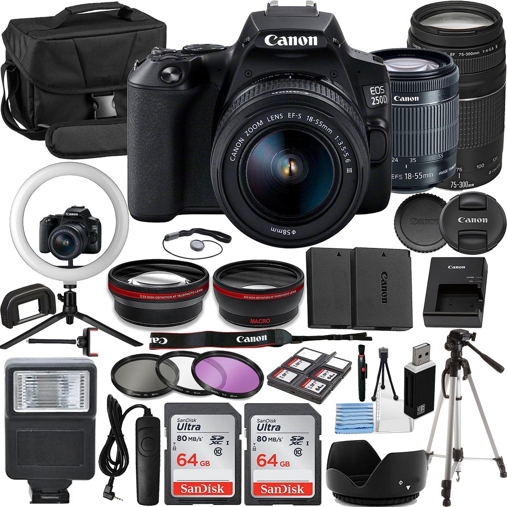 Canon EOS 250D/SL3 Vlogger Kit:EF-S 18-55mm & EF 75-300mm Lenses,64GB Memory Card,Ring Light,Spider Tripod,3 Piece Filter Kit,Gadget Bag,Remote Shutter,USB Card Reader & Cleaning Kit (Renewed)