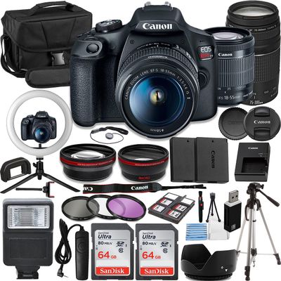 Canon Rebel T7 Vlogger Kit:EF-S 18-55mm & EF 75-300mm Lenses,64GB Memory Card,Ring Light,Spider Tripod,3 Piece Filter Kit,Gadget Bag,Remote Shutter,USB Card Reader & Cleaning Kit (Renewed)