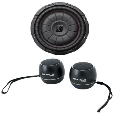 KICKER 43CVT102 COMPVT 10" 800w SVC 2-Ohm Slim Shallow Car Subwoofer Sub CVT10-2 Bundle with (2) Rockville RPB3-BLACK Portable Bluetooth Speakers (3 Items)