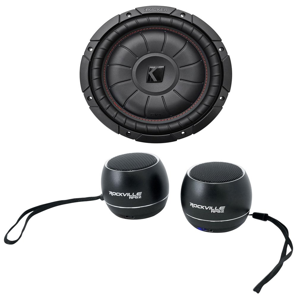 KICKER 43CVT102 COMPVT 10" 800w SVC 2-Ohm Slim Shallow Car Subwoofer Sub CVT10-2 Bundle with (2) Rockville RPB3-BLACK Portable Bluetooth Speakers (3 Items)