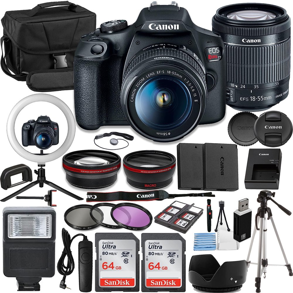 Canon Rebel T7 Vlogger Kit:EF-S 18-55mm is II Lens,64GB Memory Card,Ring Light,Spider Tripod,3 Piece Filter Kit,Gadget Bag,Remote Shutter,USB Card Reader & Cleaning Kit (Renewed)