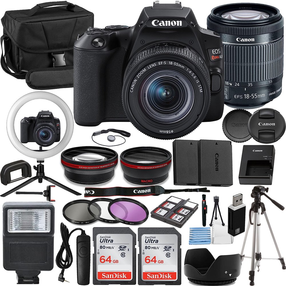 Canon Rebel SL3 Vlogger Kit:EF-S 18-55mm is II Lens,64GB Memory Card,Ring Light,Spider Tripod,3 Piece Filter Kit,Gadget Bag,Remote Shutter,USB Card Reader & Cleaning Kit (Renewed)