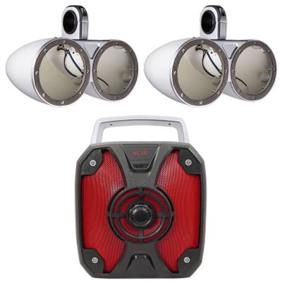 KICKER Pair 12KMTEDW White Dual 6.5" Speaker Wakeboard Tower Enclosures Bundle with Rockville ROCKBOX 6.5" 100 Watt Portable Rechargeable Bluetooth Speaker