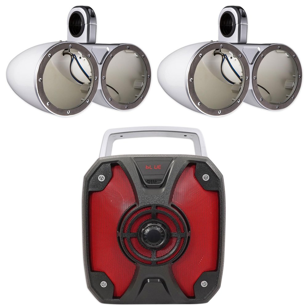 KICKER Pair 12KMTEDW White Dual 6.5" Speaker Wakeboard Tower Enclosures Bundle with Rockville ROCKBOX 6.5" 100 Watt Portable Rechargeable Bluetooth Speaker