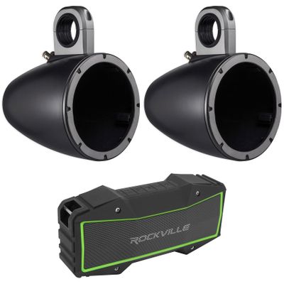 KICKER Pair 43KMTES8B Black Marine 8" Speaker Wakeboard Tower Enclosures KMTES8 Bundle with Rockville Rock Everywhere Portable Bluetooth Speaker (2 Items)