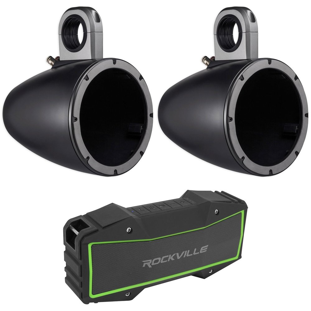 KICKER Pair 43KMTES8B Black Marine 8" Speaker Wakeboard Tower Enclosures KMTES8 Bundle with Rockville Rock Everywhere Portable Bluetooth Speaker (2 Items)