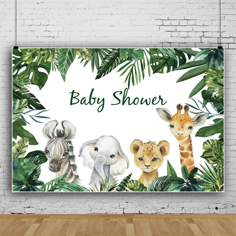 10x6.5ft Vinyl Safari Animal Baby Shower Backdrop Jungle Animal Tropical Plant Leaves Background Baby Shower Birthday Party Decorations Boys 1st Birthday Banner Backdrop Photo Studio Props