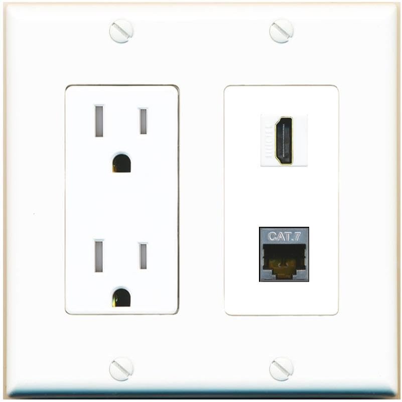 RiteAV HDMI and Cat7 Ethernet Wall Plate - Tamper-Resistant Outlet [White/White]