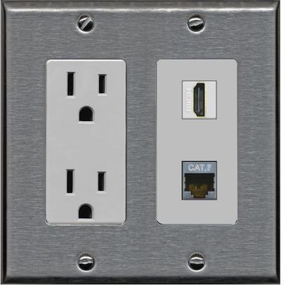 RiteAV HDMI and Cat7 Ethernet Wall Plate - Outlet [Stainless/Gray]