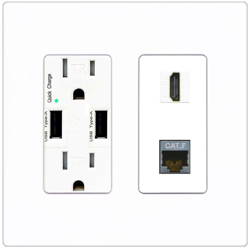 RiteAV HDMI and Cat7 Ethernet Wall Plate - USB Charger Outlet [Screwless White]