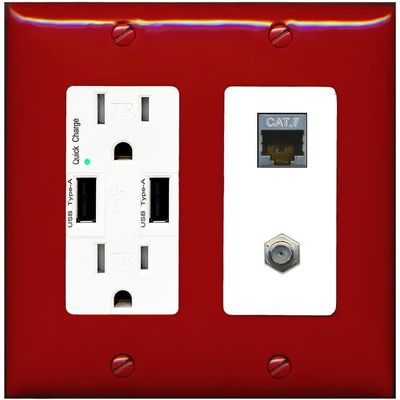 RiteAV Coax and Cat7 Wall Plate - USB Charger [Red/White]