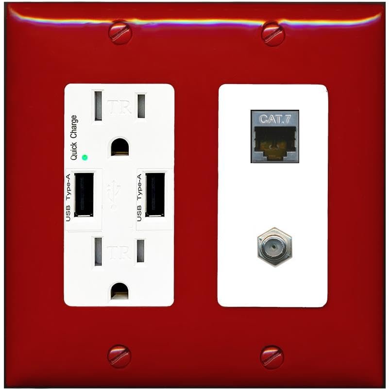 RiteAV Coax and Cat7 Wall Plate - USB Charger [Red/White]