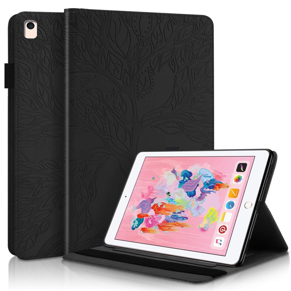Business Special Tree Pattern Cover with 2 Credit Card Slots Pencil Holder Kickstand Protective Case for iPad 9.7" 2017/2018/2021-Black