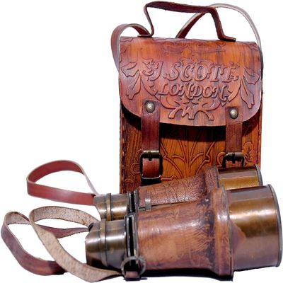 Nautical Antique Victorian Marine Brass Leather Binocular Sailor Instrument J.Scott London with Neck Strap Handheld Binoculars Home & Office Decor