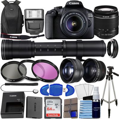 Canon EOS 2000D DSLR (Rebel T7) w/ 18-55mm Lens + 64GB Memory, 420-800mm Zoom Lens, 4 Lens Kit, Filter Kit, Backpack, Tripod + More (34PC Bundle) (Renewed)