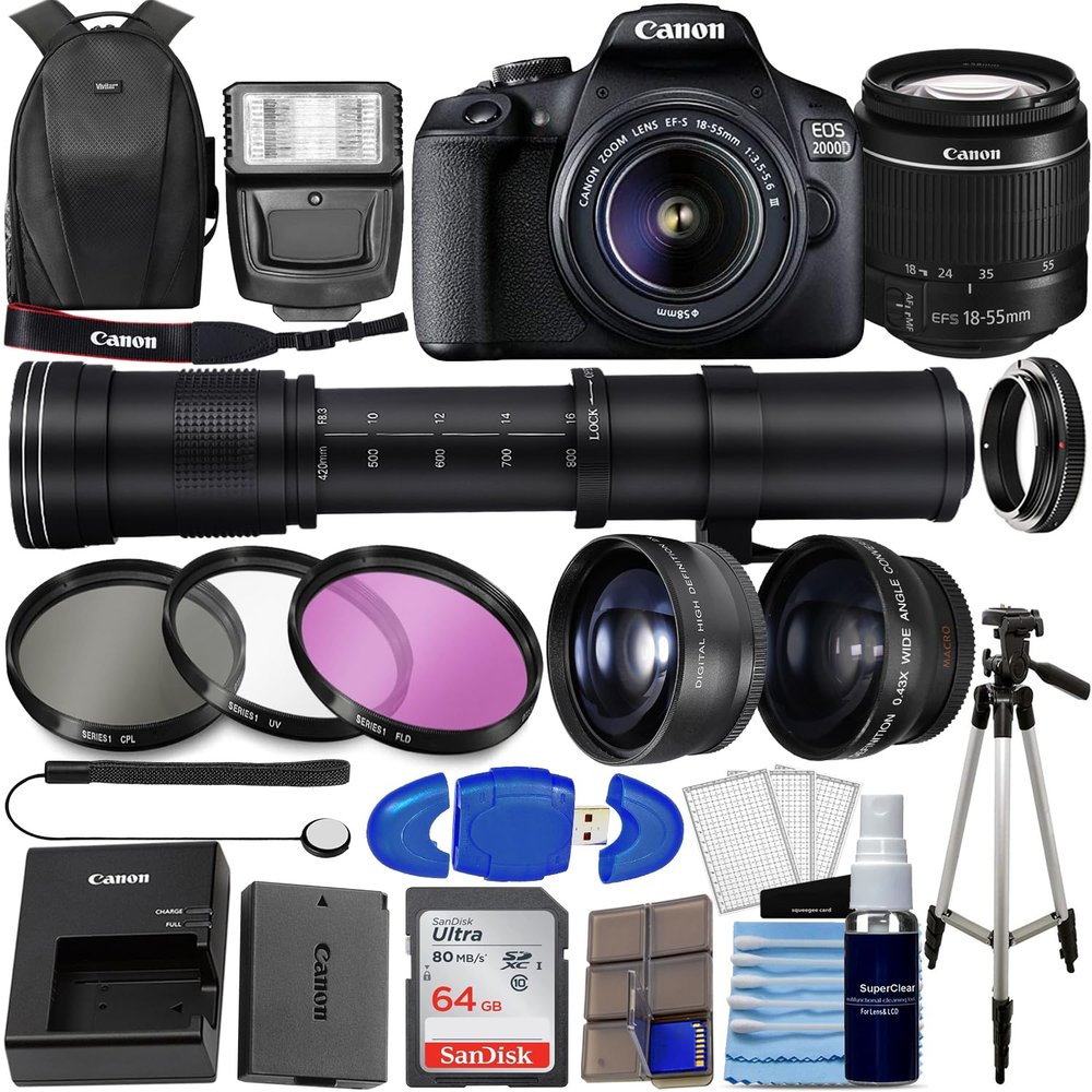 Canon EOS 2000D DSLR (Rebel T7) w/ 18-55mm Lens + 64GB Memory, 420-800mm Zoom Lens, 4 Lens Kit, Filter Kit, Backpack, Tripod + More (34PC Bundle) (Renewed)